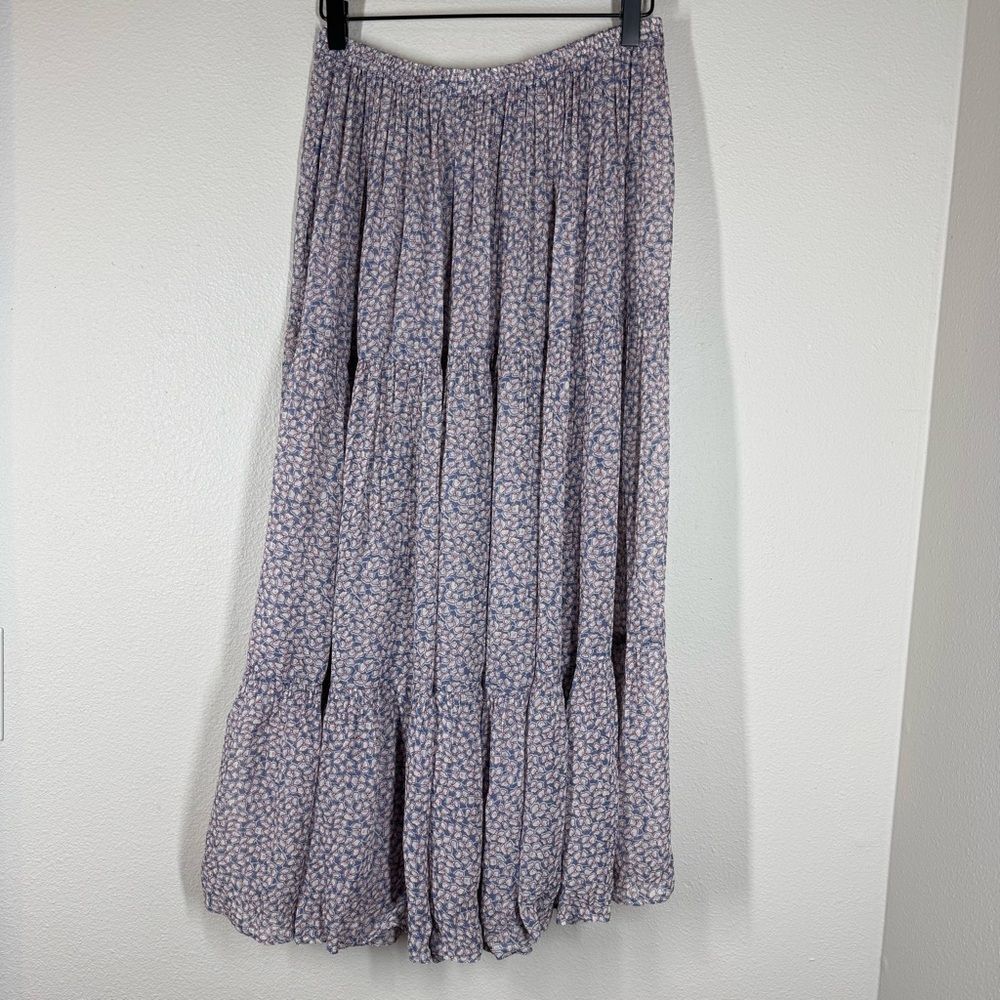 Vintage Double D Ranch Floral Tiered Maxi Skirt Blue Pink Flower Print Large
